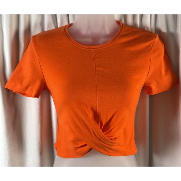 Zara Short Sleeves Cropped Cotton Blend Top, Orange , Sz: S, 83-37 - Picture 6 of 13